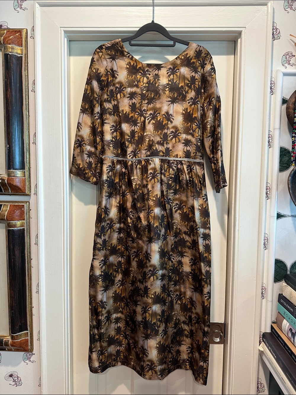 Roseanna Brown Palm-Print Long-Sleeve Midi Dress